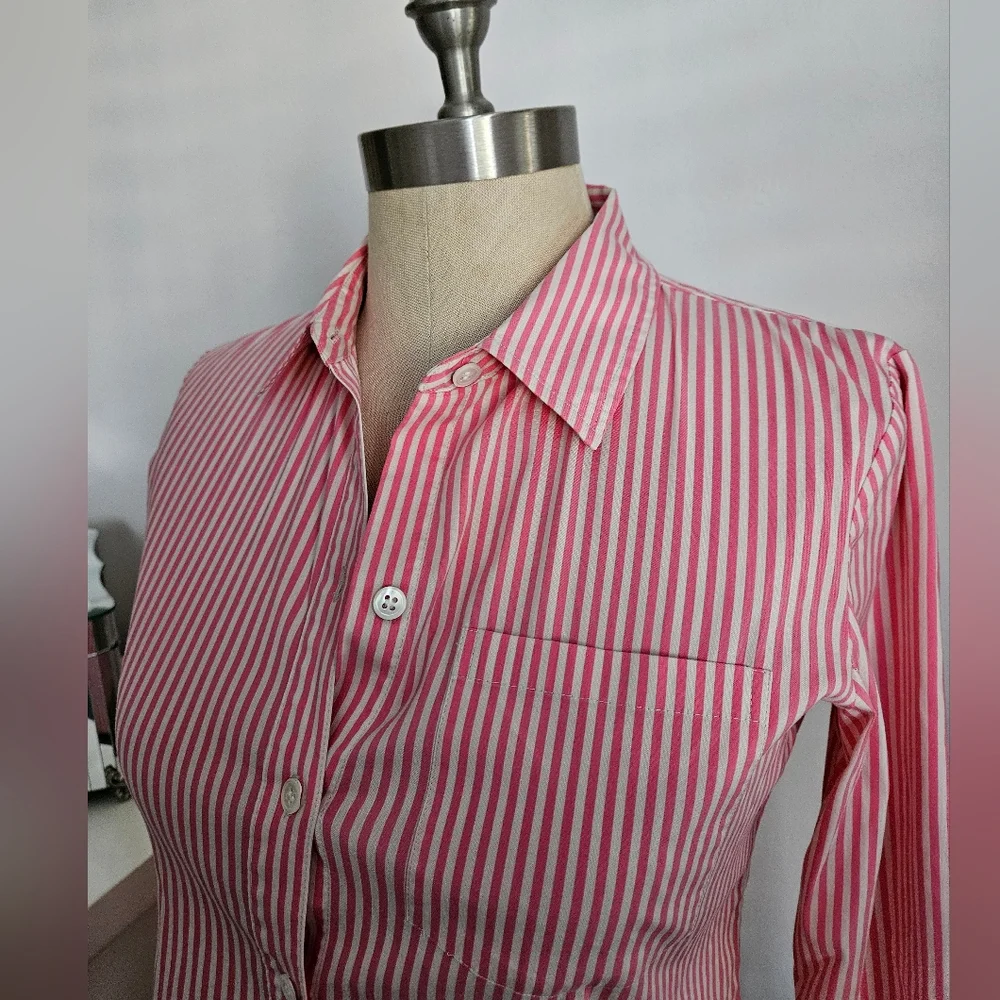THEORY Pink Striped Stretch Button Down | SZ P/TP - Picture 5 of 7